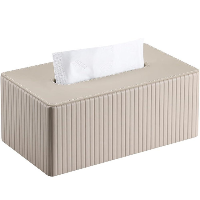 KINGFOM PU Leather Tissue Box Cover Rectangular Tissue Box Holder with Magnetic Bottom, Napkin & Facial Tissue Holder Dispenser for Home, Office for Standard 120-count/160-count (2-Ply) Beige Stripe