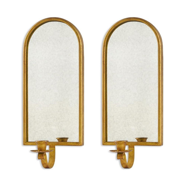 NIKKY HOME Gold Wall Candle Sconces Set of 2, Antique Mirrored Wall Taper Candle Holder - Vintage Elegant Metal Hanging Candlestick for Living Room, Bathroom, Dining Room and Office