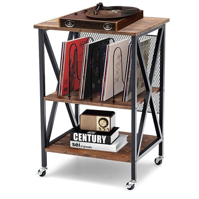 Tangkula Record Player Stand, 3 Tier Rolling Turntable Stand w/3 Dividers for Albums, Rustic Vinyl Record Holder for Living Room Home Office, Steel Frame & Lockable Wheels, Vintage End Table (Brown)