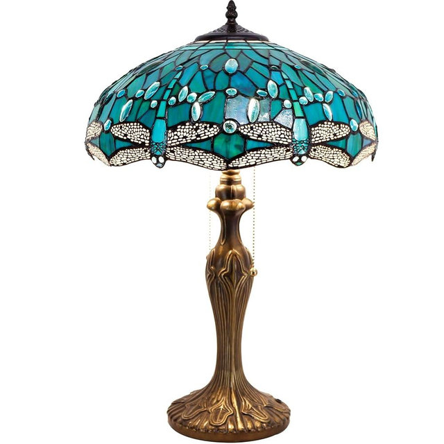 WERFACTORY Tiffany Table Lamp Green Stained Glass Dragonfly Bedside Lamp 16X16X24 Inches Desk Reading Light Metal Base Decor Bedroom Living Room Home Office S622 Series