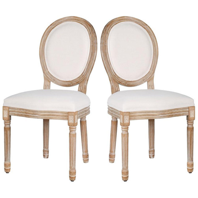 Polar Aurora Dining Chairs Set of 2 Beige Fabric Square Back with Solid Wood Legs and Frame for French Country Kitchen Dining Room