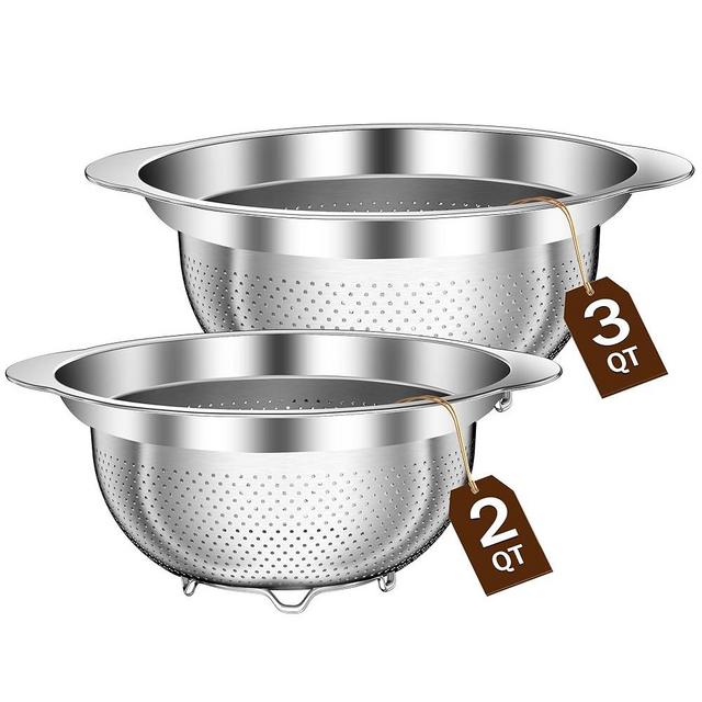 Stainless Steel Strainers for Kitchen, Stainless Steel Colander, Kitchen Strainer for Pasta Fruit Veggie Hot Food, 2 Pack Strainers and Colanders(2QT & 3QT), Dishwasher Safe, Silver