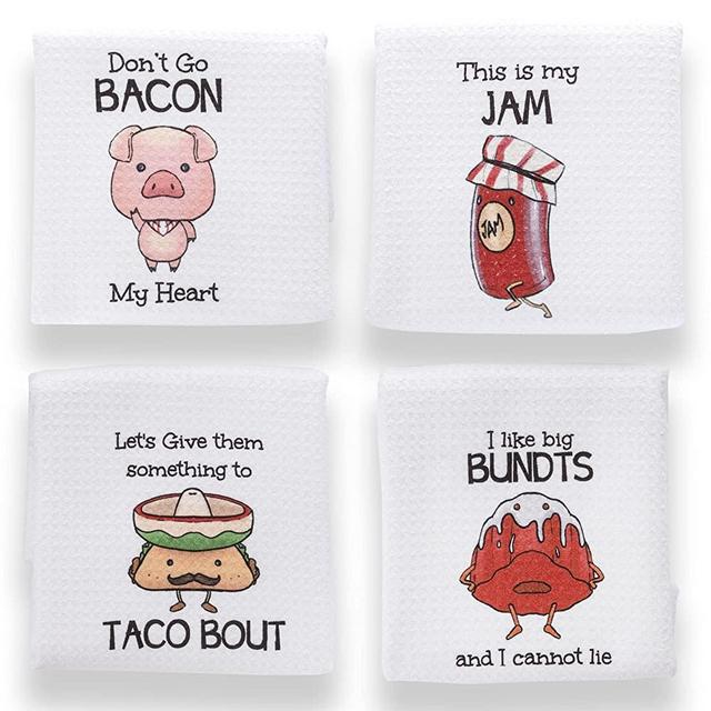Aller Home&Kitchen Funny Kitchen Towels with Sayings. 4pc Kitchen Towel Set, Fun Pun Food Design incl Taco. Waffle Weave Towel, Decorative Funny Dish Towels for Mom. Cute Kitchen Towels for Gifts