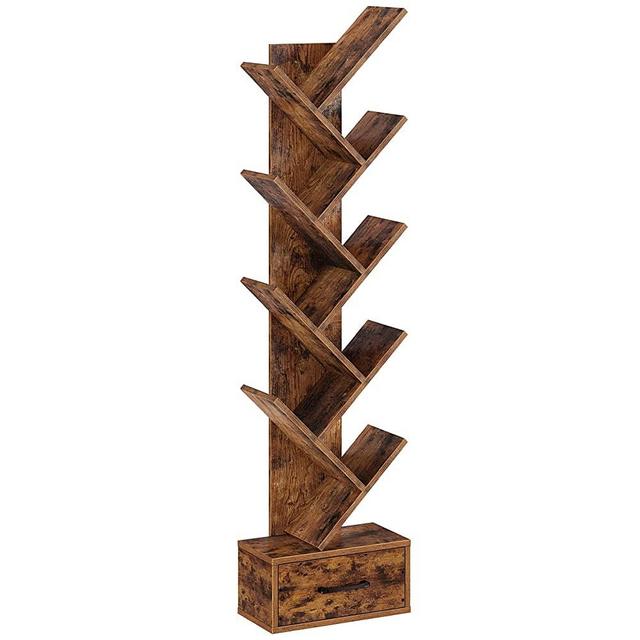 Rolanstar Tree Bookshelf with Drawer, Free Standing Bookcase, Display Floor Standing Storage Shelf for Books CDs Plants,Utility Organizer Shelves for Living Room, Bedroom, Rustic Brown