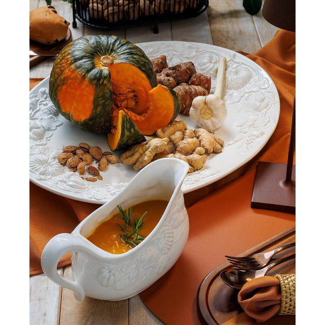 Pumpkin Leaf Turkey Platter and Gravy Boat Set, Embossed Pumpkin Fall Harvest