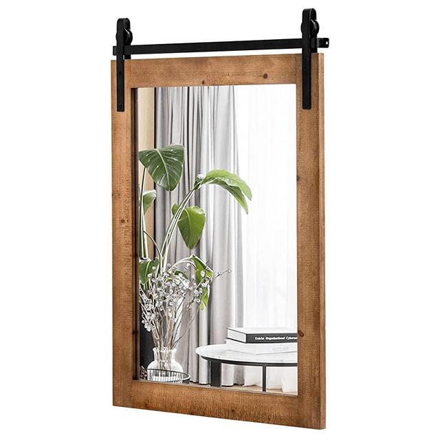 Tangkula Farmhouse Wall Mirror, Rustic Horizontal Hanging Bathroom Mirror with Wood Frame and Metal Bracket, Wall Mounted Rectangular Barn Door Style Decor Mirror for Living room Bathroom, 22 x30 Inch