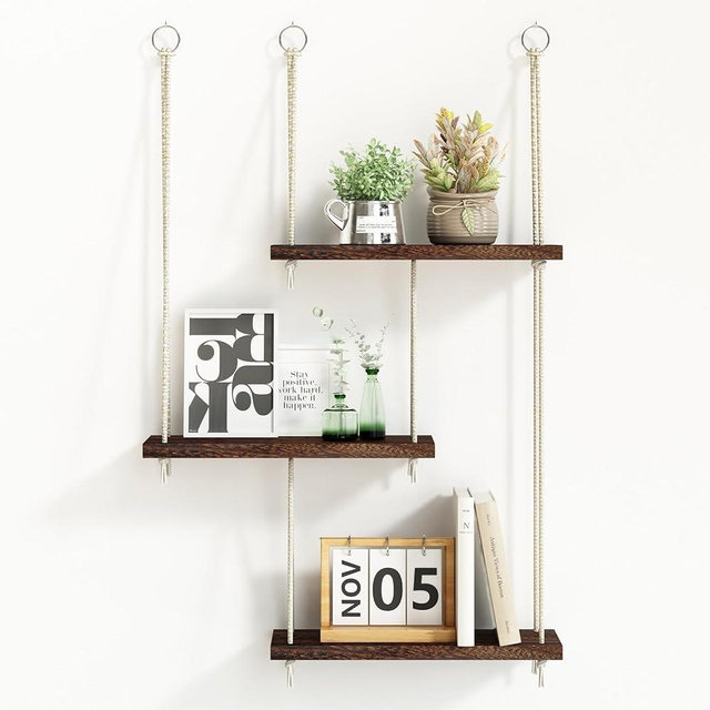 Fixwal Hanging Shelves for Wall, 3 Tier Boho Wall Decor Plant Rack Floating Shelves Rope Rustic Wood Organizer Storage Hanger for Aesthetic Home Bedroom Kitchen Bathroom - Dark Brown