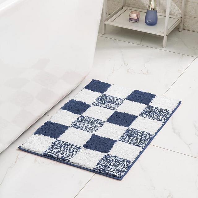 CozeCube Checkered Bath mats for Bathroom Non Slip, Fluffy Absorbent Microfiber Bath mat Washable, Aesthetic Bathroom Rugs, Cute Bath mat for Shower Sink, Dark Blue, 24" x 16"