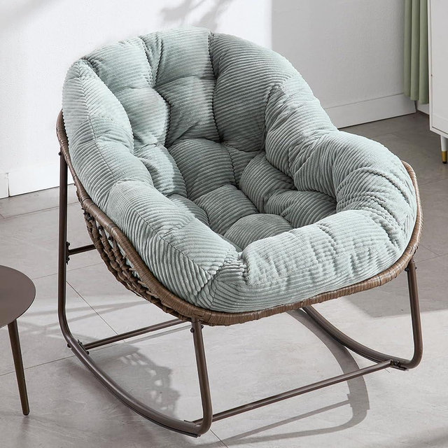 Villeston Oversized Papasan Rocking Chair - Outdoor Luxury Comfy Patio Chair, Indoor Egg Royal Rattan Rocking Chair with Strip Velvet Cushion for Front Porch Lounge Lawn Bedroom Living Room (Green)