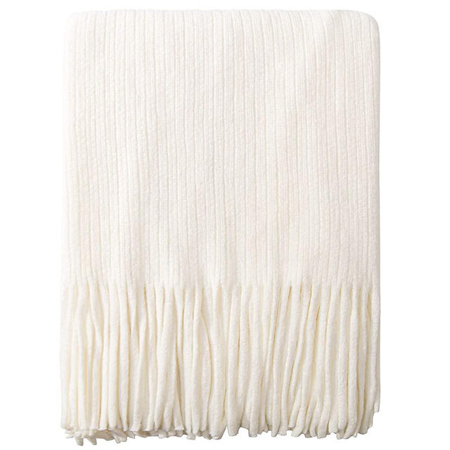 NTBAY Acrylic Knitted Throw Blanket, Lightweight and Soft Cozy Decorative Woven Blanket with Tassels for Travel, Couch, Bed, Sofa, 51x67 Inches, White Striped