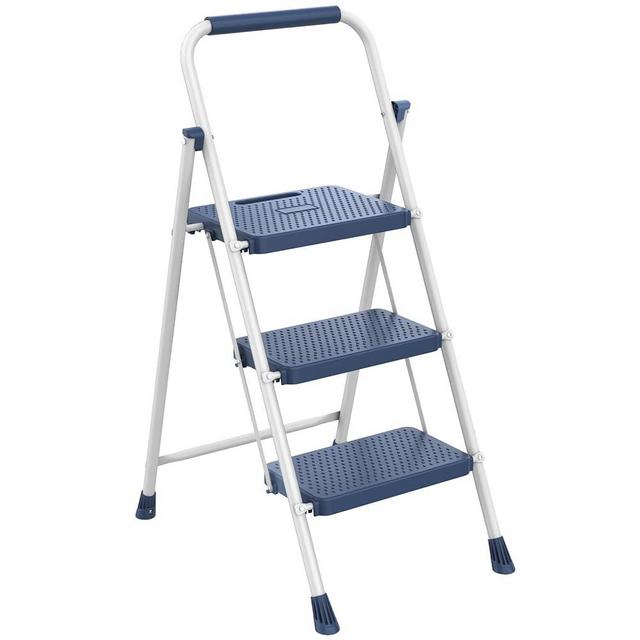 DUMOS Step Ladder, 3 Sturdy Step Stool with Anti-Slip Pedal & Comfortable Handrail, Portable Heavy Duty Step Stool for Kitchen, Garage & Outdoor Use, 800lbs, Calm Blue