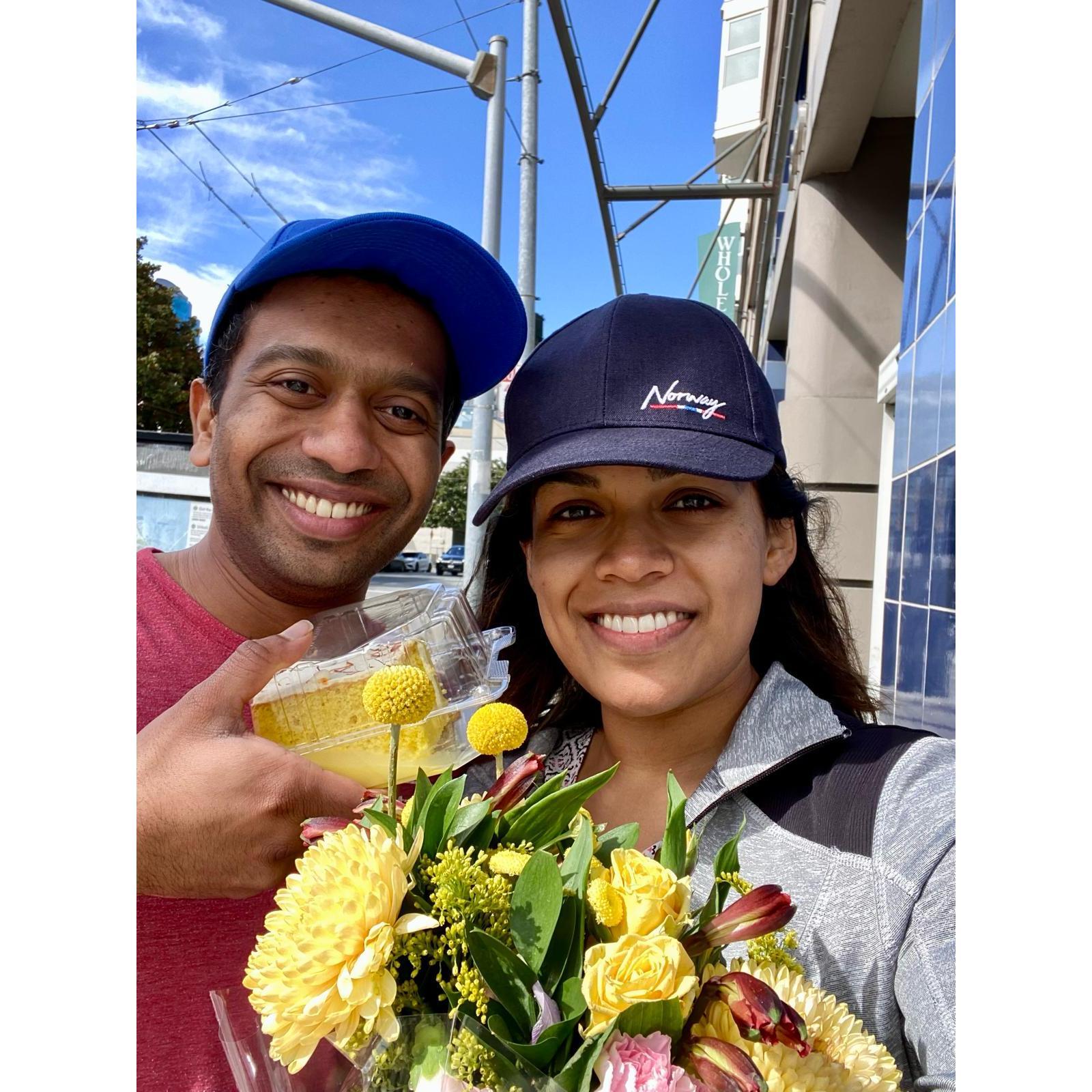 Flowers for her, cake for me