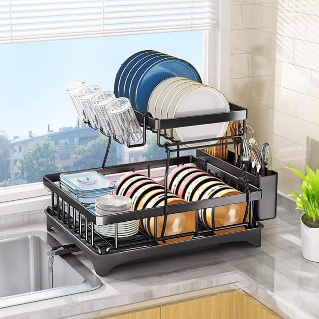 Dish Drying Rack, HERJOY Detachable 2 Tier Dish Rack and Drainboard Set, Large Capacity Dish Drainer Organizer Shelf with Utensil Holder, Cup Rack for Kitchen Counter, Black
