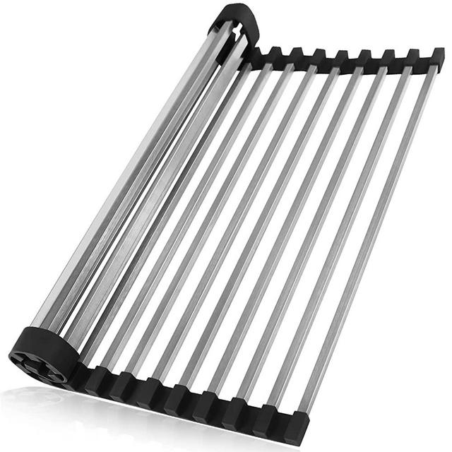 KIBEE Dish Drying Rack,Square Rods Stainless Steel Roll Up Over The Sink Drainer,Gadget Tool for Many Kitchen Task (Standard Square)