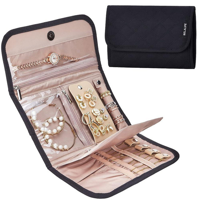 BELALIFE Travel Jewelry Organizer Case, Foldable Jewelry Storage Roll for Earrings, Necklaces, Rings, Bracelets, Brooches, Black