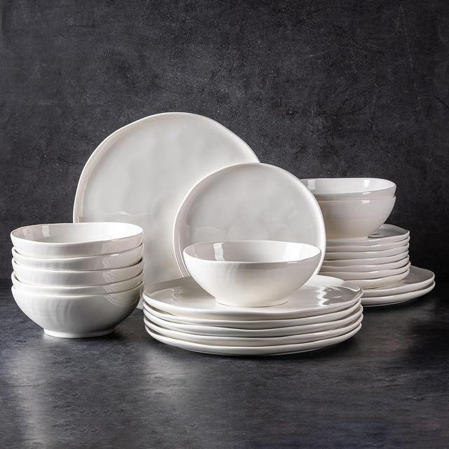 LERATIO Ceramic Dinnerware Sets of 8,Porcelain Plates and Bowls Sets with Wavy Edge,Microwave & Dishwasher & Oven Safe,Light Weight & Scratch Resistant Dishes Sets-Service for 8 (24pcs)-White