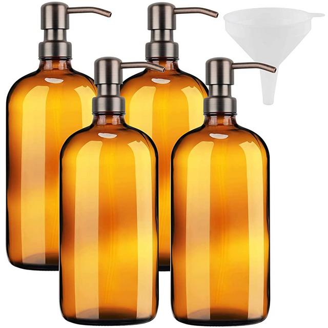 32 Ounce Large Amber Glass Boston Round Bottles with Stainless Steel Pumps and Funnel. Great for Lotions, Laundry Soaps, Oils, Sauces and Detergent Medical Grade -(4 bottles) by kitchentoolz