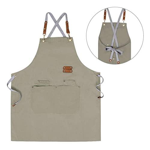 Chef Apron,Cross Back Apron for Men Women with Adjustable Straps and Large Pockets,Canvas,M-XXL,Beige
