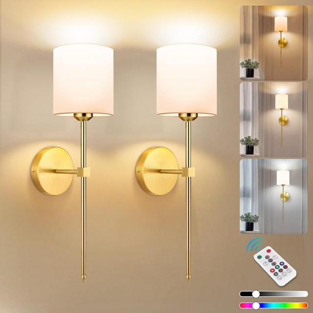 Adetu Battery Operated Wall Sconce Set of 2, Gold Rechargeable Wall Light with Remote, 10 Dimmable Colors Wireless Wall Lamps for Bedroom Living Room Hallway Decor