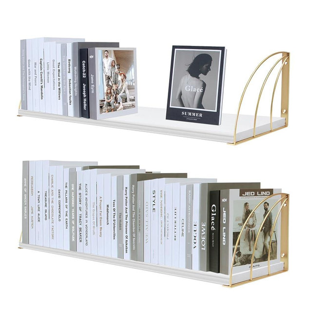 KDCMXS White Gold Shelves Pine Wood Large 31.5×7.87 Inch White and Gold Floating Shelves with Elegant Lines,Floating Book Shelves for Wall,Gold Floating Shelves for Floating Bookshelves Set of 2.