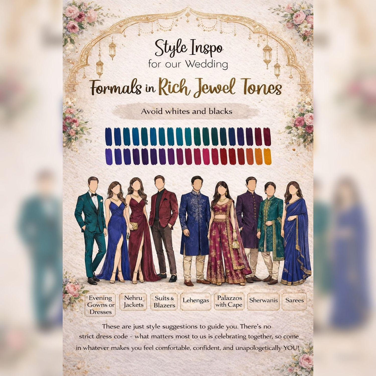 Wedding Dress Code: Formal attire in jewel tones