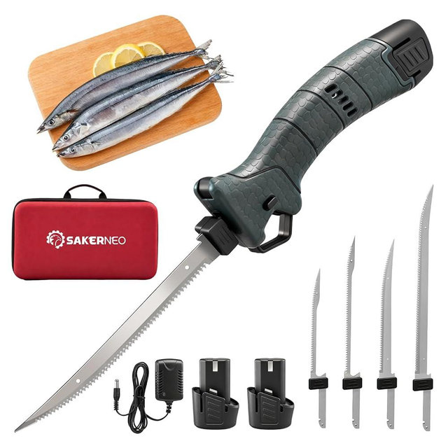 SAKERNEO Cordless Electric Fillet Knife for Fish, 7.2V with 8-inch & 10-inch Blades, 2 Battery Packs & Case - Ideal for Fishing, Outdoor Fish Fillet Cutting