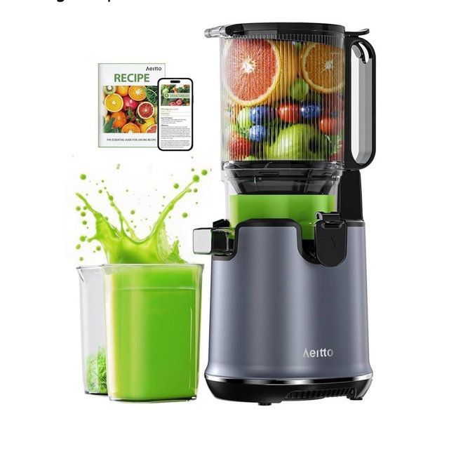 Juicer Machines,Aeitto Cold Press Juicer with 5.3“ Extra Large Feed Chute for Whole Fruits & Vegetables, Slow Masticating Juice Extractor, Self Feeding, Easy to Clean, High Juice Yield, Grey