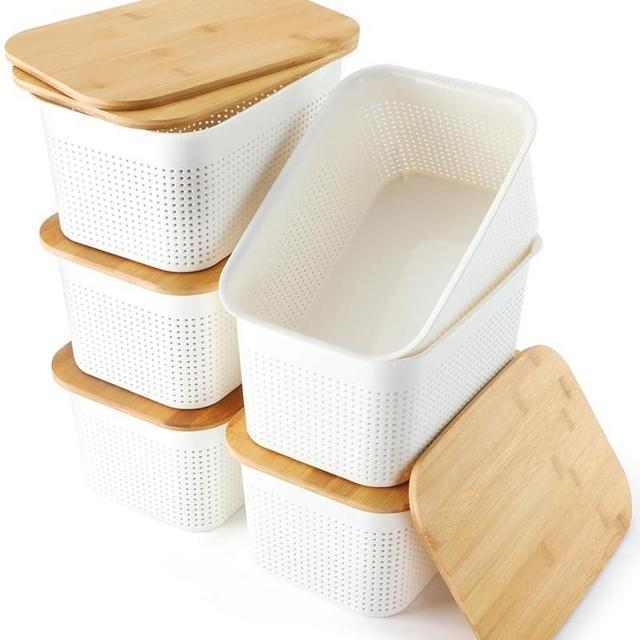 AREYZIN Plastic Storage Bins with Bamboo lids and Stackable Storage Baskets for Shelves - Organize Your Home or Office with These Space-Saving Storage Solution,6 Pack,White