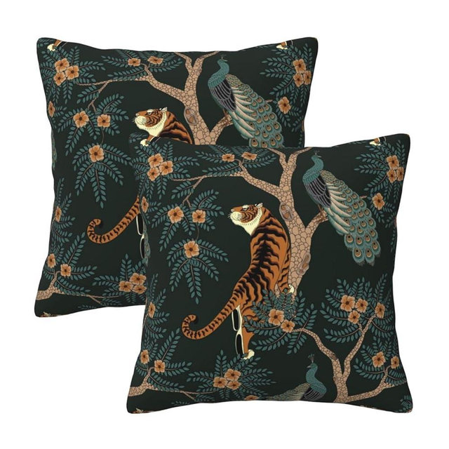 Tiger and Peacock Pillow Covers 18x18 in Couch Pillow Case Sets of 2 Modern Decorative Square Throw Pillows for Home Living Room Bedroom Bed Cushion Outdoor