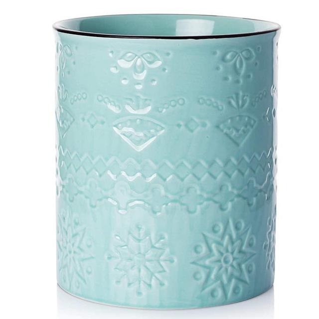 Samsle Kitchen Utensil Holder, 7.2" Large Cooking Utensil Crock For Countertop, Heavy Ceramic Kitchen Tool Organizer, Farmhouse Home Decor Cutlery Caddy, Turquoise