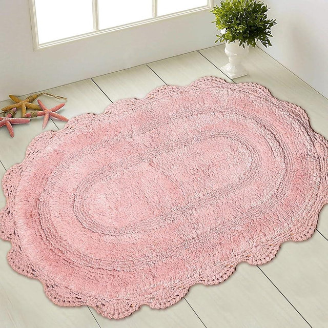 Chardin home Pink Crochet Bathrug, 100% Cotton Oval bathmat with artisanally Handcrafted Crochet Border, 21x34 Inch, Medium Rug, Perfect for Half Baths, Powder Rooms, bathrooms