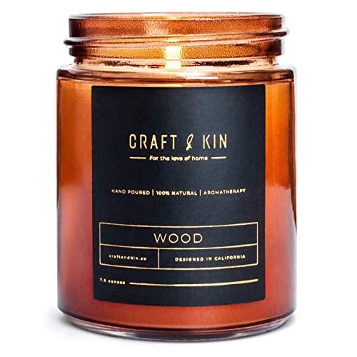 Craft & Kin Candles for Men, Premium ‘Wood’ Scented Candles for Men & Women | All-Natural Soy Candles, Rustic Home Decor Scented Candles | Non-Toxic, Ultra Clean Burn Aromatherapy Amber Jar Candles