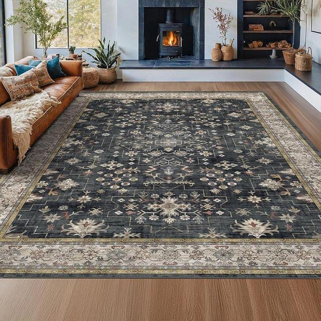 9x12 Black Rug for Living Room - Dining Room Rugs for Under Table, Soft Low Pile Carpet for Bedroom, Washable Boho Area Rug - Modern Farmhouse Design, Non-Slip & Stain Resistance (9x12 Charcoal)