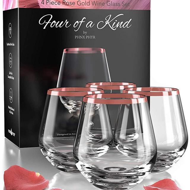 Phnx Phyr Hand Blown Crystal Rose Gold Wine Glasses set 4 - Stemless wine glass set - Stemless wine glasses - Red wine glasses set of 4 - Large white wine glass - Wedding - Gift packaging