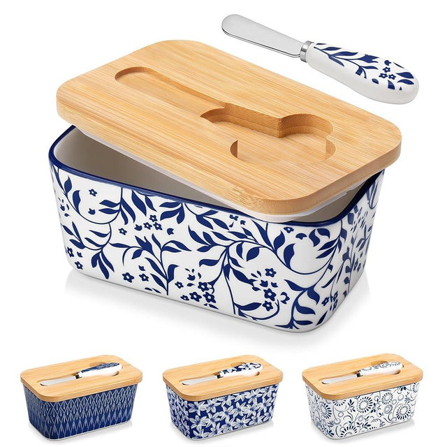 vancasso SELENE Butter Dish with Lid, 6.5" Large Butter Dish for Countertop, Ceramic Butter Keeper Container with Knife and Bamboo Lid, Delicate Floral Pattern