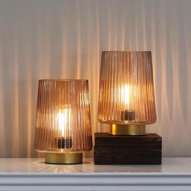 LUSHARBOR Battery Operated Lamp with Timer, 2-Pack Table Lamps for Bedroom, Cordless Battery Powered Lamp with LED Bulb, Decorative Beside Lamp for Living Room Bathroom Shelf Amber