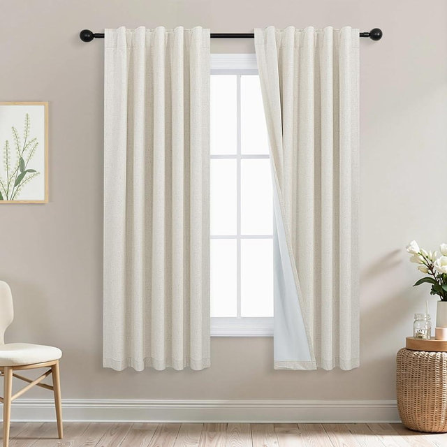 Mrs.Naturall Natural Back Tab Rod Pocket Linen Blackout Curtains for Living Room 42x72 Inches Long