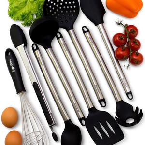 Braviloni - Kitchen Utensil Set - 8 Best Kitchen Utensils - Nonstick Cooking Spatulas - Silicone & Stainless Steel Kit - For Pots & Pans - Serving Tongs, Spoon, Spatula Tools, Pasta Server, Ladle, Strainer, Whisk