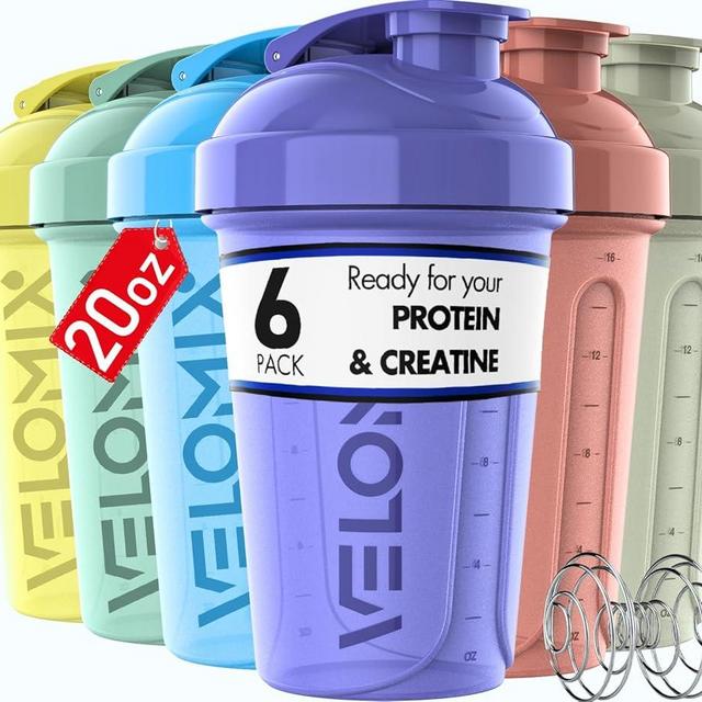 VELOMIX -6 PACK- 20 OZ Protein Shaker Bottles for Protein Mixes, Shaker Cups for Protein Shakes, Small Shaker Bottle Pack, Shaker Cup, Shakers for protein Shakes (Pastel Shades - 6 Pack)