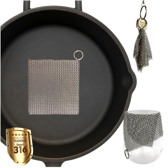ERGONOW Mesh Cast Iron Scrubber Fine Rings Welded Chainmail Scrubber for Cups, Skillet Cast Iron Cleaner (4"X4")