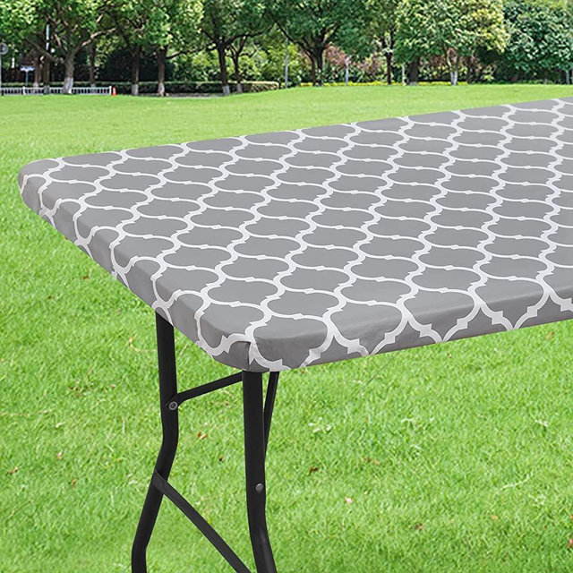 smiry Elastic Fitted Vinyl Tablecloth, 30'' x 72'' Flannel Backing Rectangle Table Cover for 6ft Folding Table, Waterproof Wipeable Table Cloth for Outdoor Picnic Camping Parties, Grey Moroccan