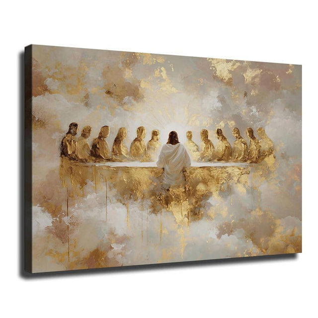 Modern Last Supper Painting, Gold Jesus Wall Art, Christian Home Decor, Framed Catholic Artwork Ready To Hang (Framed,Wrapped Canvas,20 * 30inch)