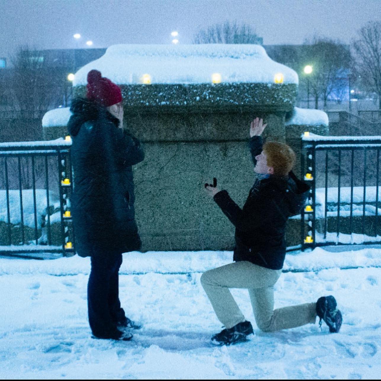 The snowy proposal at our special first date spot!