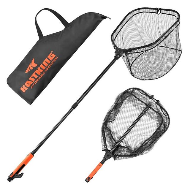 KastKing Brutus Folding Landing Net with Boat Hook, Foldable, Extendable, Lightweight & Strong, Multi-Functional Built-in Boat Hook, Non-Slip & Bright Orange TPR Handle, Two Nets Options