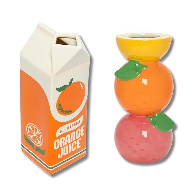 ban.do Vintage Inspired Rise and Shine Decorative Orange Juice Ceramic Vase Bundle with Tall Ceramic Citrus Stack Vase with Lemon, Grapefruit, and Orange