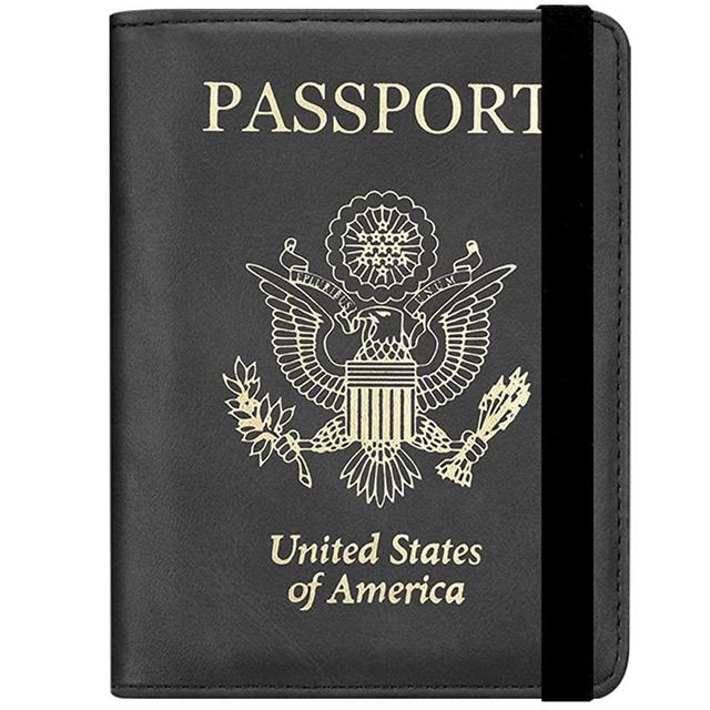 Passport and Vaccine Card Holder Combo - HOTCOOL Leather RFID Blocking Wallet With Elastic Strap Travel Cover Case For Passport, Gold Black