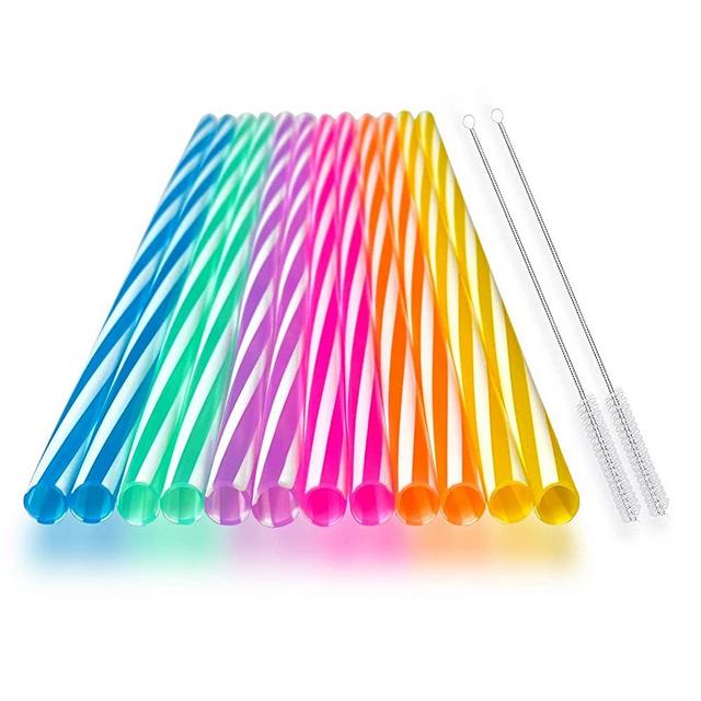 Reusable Silicone Drinking Straws, 12 Pcs Eco Friendly Silicone Straws with 2 cleaning Brushes,for 30oz and 20oz Tumblers, Rtic,Yeti, Ozark, (Two-tone Stripe, 10 inches)