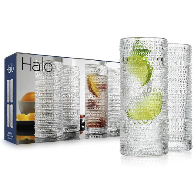 Glaver's Highball Drinking Glasses, 10.82 oz Sleek Hobnail Textured Glassware Modern Tall Tumblers set of 4 Iced Coffee Glasses, Highball Cocktail Set, Dishwasher Safe, Housewarming Gift Set