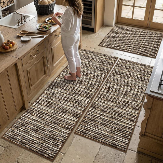 Kitchen Rugs Sets of 3 -Non Slip Kitchen Mats for Floor-Thick Stain Resistant Vintage Kitchen Floor Mat Runner Carpet for Hallways Entryway Laundry Room Washable（Brown, 22"x59"+20"x47"+20"x32"）