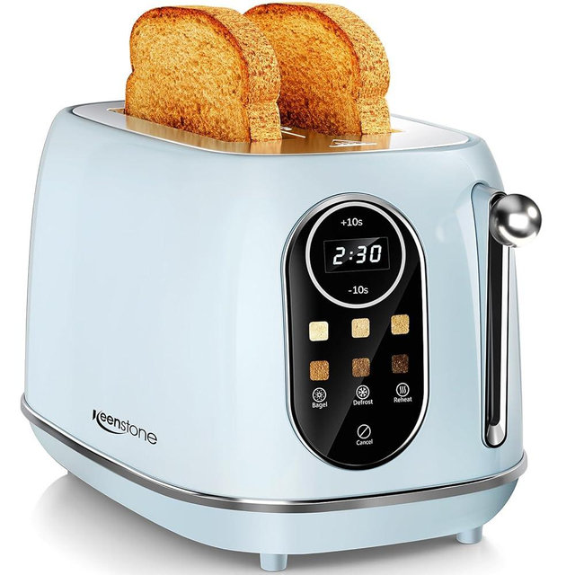 Keenstone Smart Touch Screen Toaster 2 Slice, Retro Wide Slot Stainless Steel Toaster with 6 Browning Levels, Reheat & Defrost, for Bagel, Toast, Bread, Removable Crumb Tray, Blue